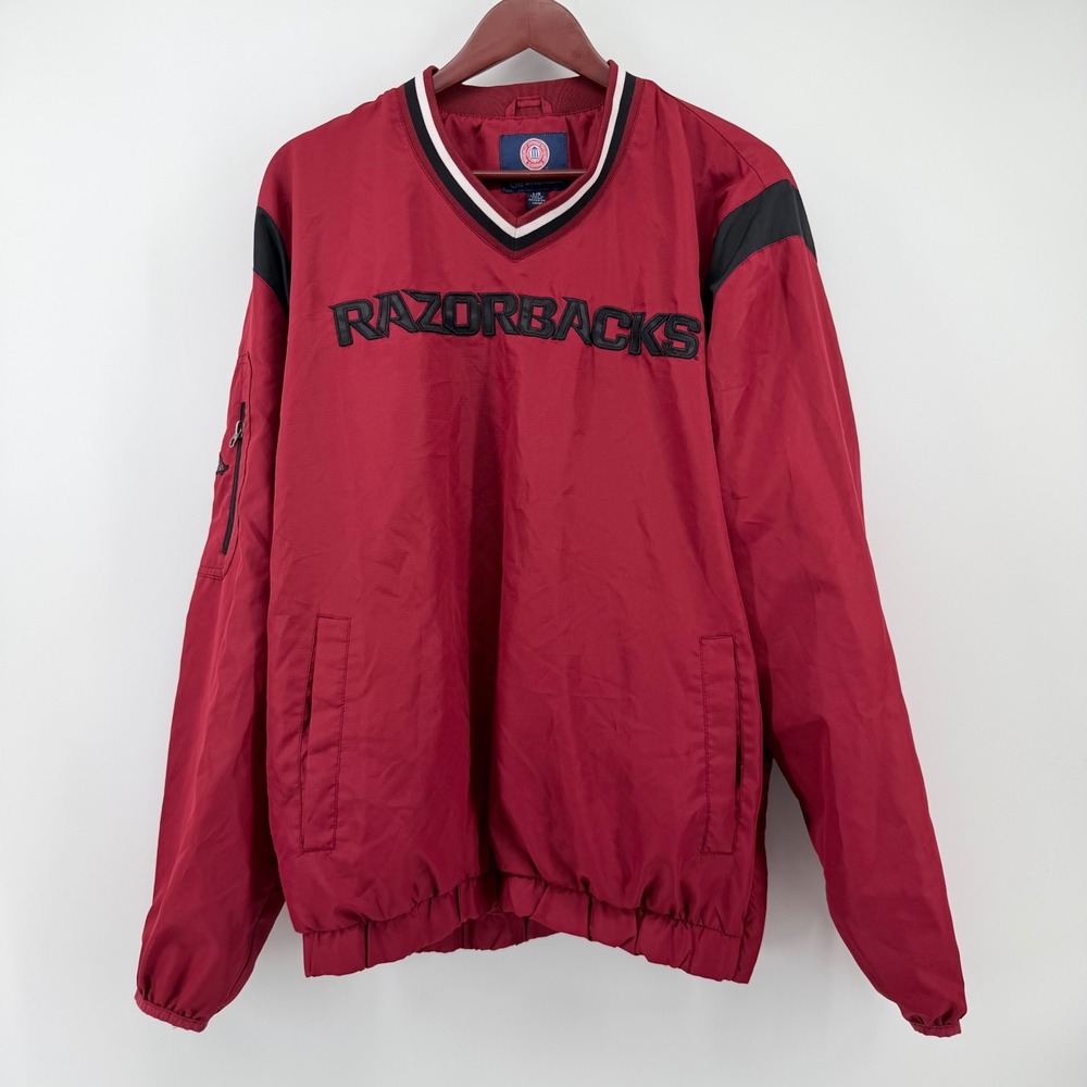 G-III Men's L Arkansas Razorbacks V-Neck Pullover Windbreaker Jacket Red - Flaw